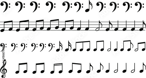 Music notation symbols and staff notes collection, treble clef and rhythm patterns, black and white vector illustration for composition and education design
