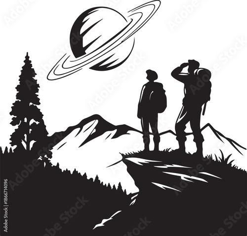 Explorers discovering a new planet landscape silhouette black design