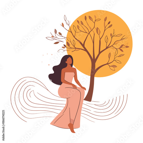 Woman sitting peacefully under an autumn tree with a warm sun, minimalist vector illustration