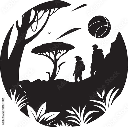 Explorers discovering a new planet landscape silhouette black design