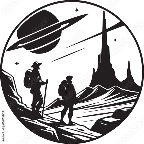 Explorers discovering a new planet landscape silhouette black design