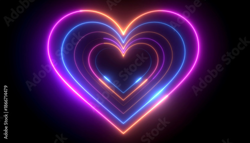 Neon heart shapes glowing in vibrant pink, blue, and orange colors on dark background, creating romantic and futuristic atmosphere