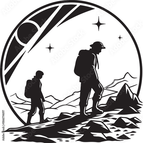 Explorers discovering a new planet landscape silhouette black design