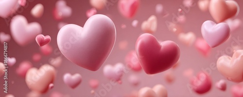 Pink and red 3d hearts floating on a soft background, representing love, celebration, and romance for valentine's day