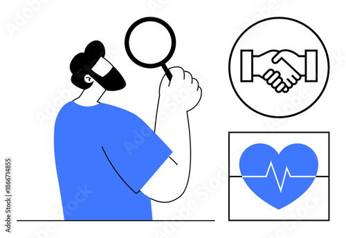 Analysis concept. Analysis highlighted with magnifying glass, handshake, and heartbeat symbols. Analysis promoting collaboration, business partnerships, and health monitoring. For business