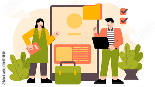 Flat vector of employees testing new business app Flat Vector Illustration