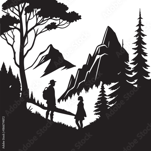 Explorers discovering a new planet landscape silhouette black design