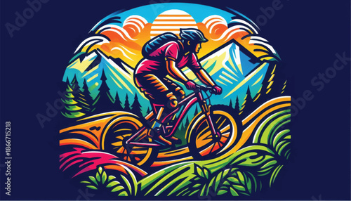 Mountain Biker Riding Downhill on a Trail.