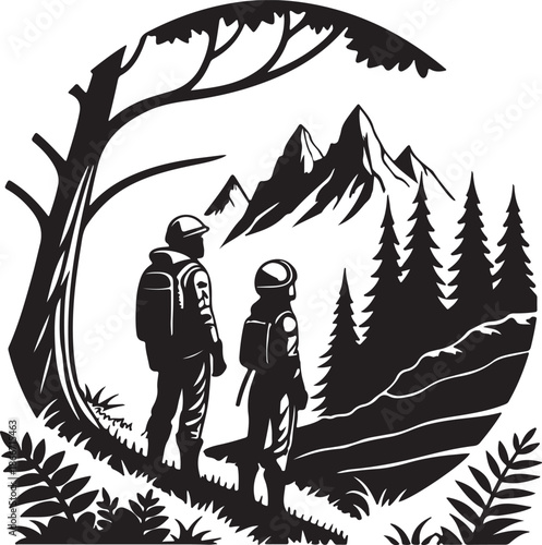 Explorers discovering a new planet landscape silhouette black design