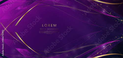 Abstract 3d gold curved ribbon on purple and dark blue background with lighting effect and sparkle with copy space for text. Luxury design style.