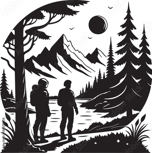 Explorers discovering a new planet landscape silhouette black design