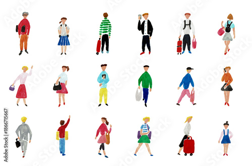 手描き水彩イラスト　さまざまなシチュエーションの男女	