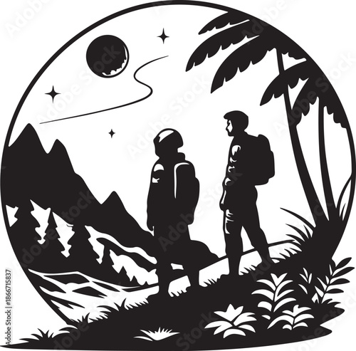 Explorers discovering a new planet landscape silhouette black design