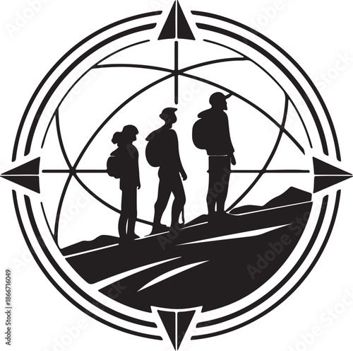 Explorers discovering a new planet landscape silhouette black design