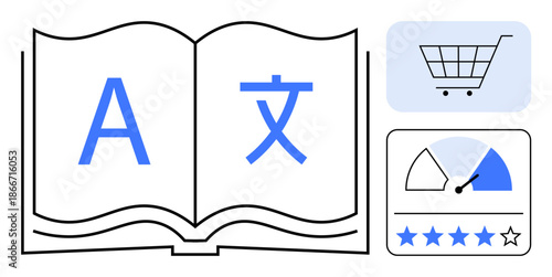 Translation concept. Translation symbols on an open book highlight language learning and communication. Translation supports global e-commerce, customer feedback, digital applications, and user