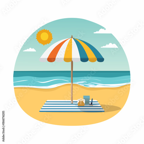 Beach umbrella and towel on sandy shore with ocean waves and sunny sky