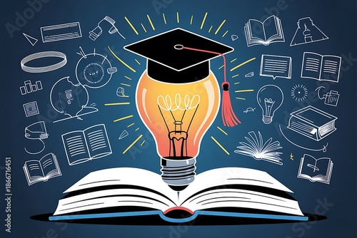 An open book with a glowing light bulb wearing a graduation cap, symbolizing education and ideas