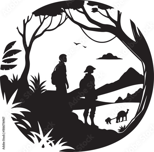 Explorers discovering a new planet landscape silhouette black design