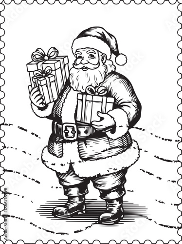 A vintage-style black and white postage stamp featuring a jovial Santa Claus holding wrapped gifts, set against a background of wavy postal cancellation lines.