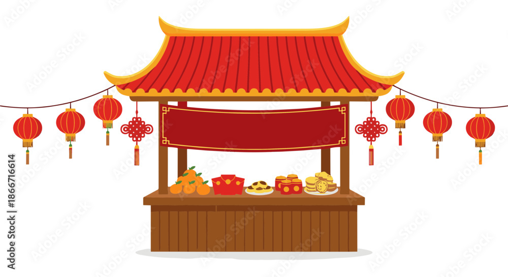 Obraz premium Vibrant Chinese New Year Market Stall Displaying Festive Decorations and Traditional Treats