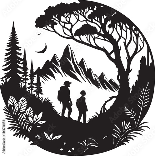 Explorers discovering a new planet landscape silhouette black design