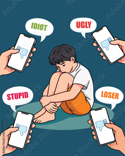 Cyberbullying Victim Surrounded by Negative Messages on Phones