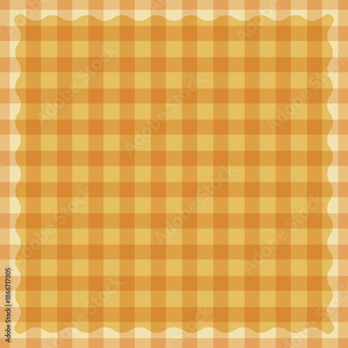 Warm orange and brown checkered plaid background with wavy frame design