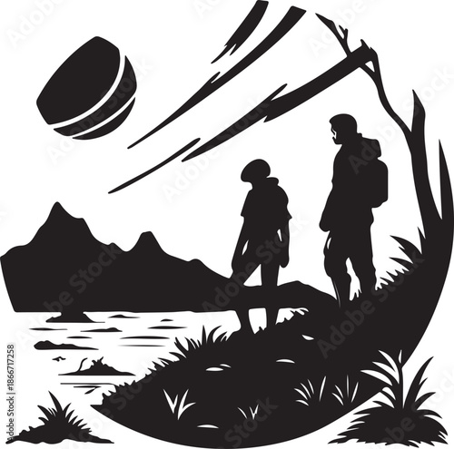 Explorers discovering a new planet landscape silhouette black design