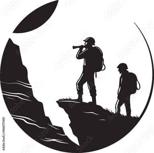 Explorers discovering a new planet landscape silhouette black design