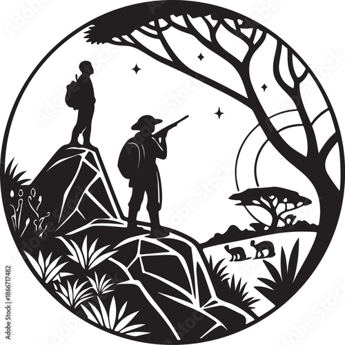 Explorers discovering a new planet landscape silhouette black design