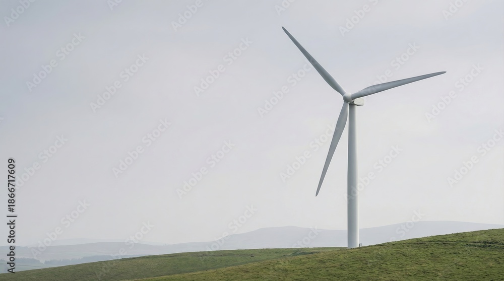 Obraz premium Wind turbine stands tall on a grassy hill, showcasing clean energy on Earth Day in a rural location surrounded by mountains