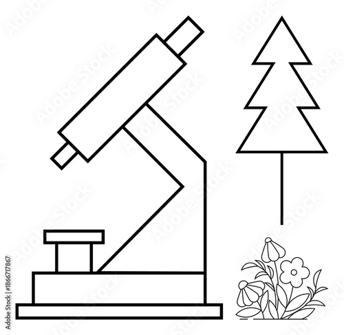 Science education, biology studies, environmental science, botany teaching, research symbols, lab . Outline of a microscope, pine tree and floral motif. Science education and biology studies concept