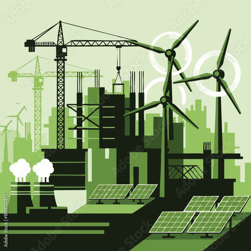 Sustainable Energy Cityscape with Wind Turbines and Solar Panels.