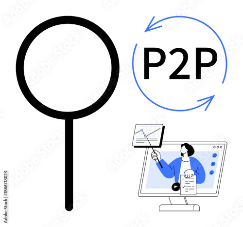 Peer-to-peer concept. Peer-to-peer network symbol with arrows shows data sharing, magnifying glass s search, and online teacher in computer highlights knowledge transfer. Ideal for blockchain, online