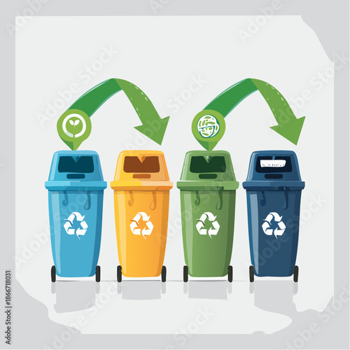 Recycling bins in a row with arrows indicating waste separation for environmental conservation