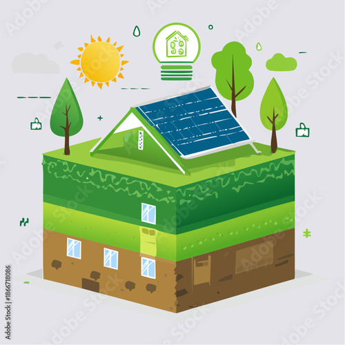 Eco-friendly green building concept with solar panels and sustainable features presented in a cross-section isometric illustration