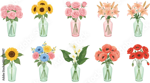 Flower Bouquet Collection in Glass Vases with Roses, Sunflowers, Lilies, and Wildflowers for Home Decor, Wedding Designs, and Floral Vector Illustrations