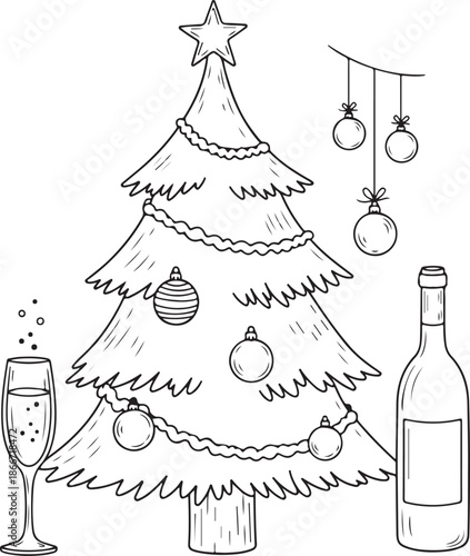 A festive line art illustration featuring a decorated Christmas tree with a star, hanging ornaments, a wine bottle, and a sparkling flute. Ideal for holiday greetings and New Year's Eve designs.