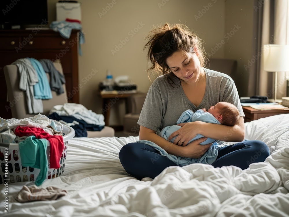 Obraz premium Tired mother holding her sleeping newborn baby in a messy bedroom. Realistic postpartum life, domestic chaos, and tender maternal love in an authentic home setting.