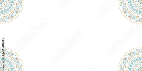 Dotted mandala corner frame in 60's style, minimalist horizontal wide background with copy space