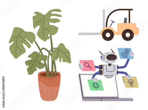 Robotics, technology, automation, AI applications, multitasking, logistics. A robot multitasking on a laptop, a monstera plant and a forklift. Robotics and technology illustrated with key elements