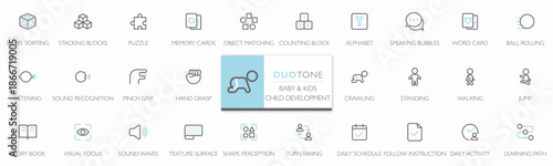 Child Development icon set with minimalist duotone line icons. Includes cognitive learning, motor skills, language, sensory. Editable strokes for kid education apps, parenting content & baby learning