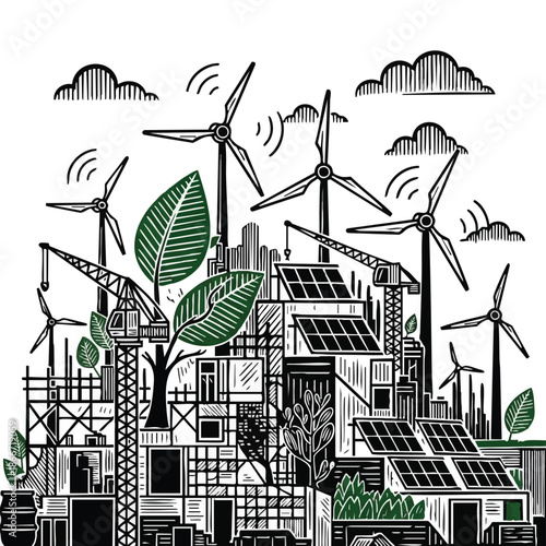 Sustainable Building with Wind Turbines and Solar Panels.