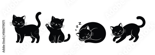 Collection of Black Cats in Various Poses, Cute Cartoon Style