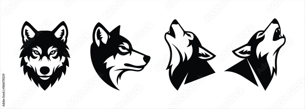 Obraz premium Collection of Four Stylized Wolf Head Illustrations in Black and White