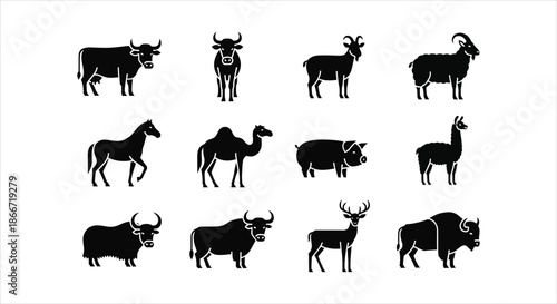 Diverse Mammal Silhouette Collection Featuring Farm Livestock and Wild Animals