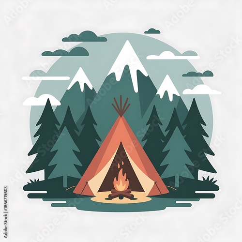 Cozy tent with a campfire in a forest with mountains and clouds