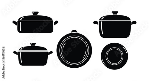 Collection of Various Cookware and Kitchen Utensils in Black Silhouette