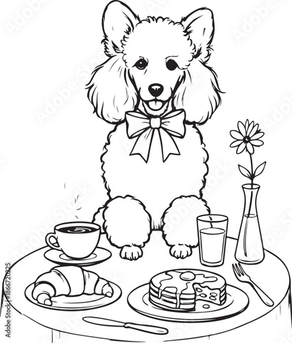 Charming line art of a poodle with a bow sitting at a cafe table set with coffee, pancakes, a croissant, and a flower in a vase. An elegant, Parisian-inspired breakfast scene.