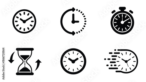 Time Management Icon Set Featuring Clock, Stopwatch, Hourglass, Time Loop, and Fast Speed Symbols, Vector Illustration